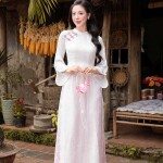 Áo dài AD273 - QD050 cách tân tay xẻ phối tà ngắn họa tiết in chìm
