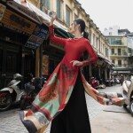 Áo dài đỏ cổ tròn họa tiết AD026 (LẺ ÁO)