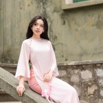 Áo dài AD262 - QD035 cách tân tay lỡ phối cúc ngực form suông nhẹ tà ngắn