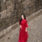 Áo dài AD263 - QD001 cách tân tay ngắn phối hoa cài ngực