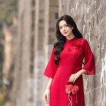 Áo dài AD263 - QD001 cách tân tay ngắn phối hoa cài ngực