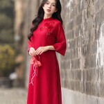 Áo dài AD263 - QD001 cách tân tay ngắn phối hoa cài ngực