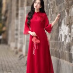 Áo dài AD263 - QD001 cách tân tay ngắn phối hoa cài ngực