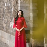 Áo dài AD263 - QD001 cách tân tay ngắn phối hoa cài ngực
