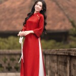 Áo dài AD266 - QD043 cách tân tay ngắn tà lỡ phối họa tiết đính cài