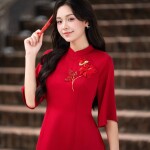 Áo dài AD268 - QD001 cách tân tay ngắn phối hoa cài ngực