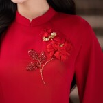 Áo dài AD268 - QD001 cách tân tay ngắn phối hoa cài ngực