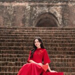 Áo dài AD268 - QD001 cách tân tay ngắn phối hoa cài ngực