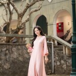 Áo dài AD271 - QD010 cách tân tay lỡ phối họa tiết nhí
