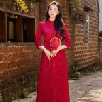 Áo dài AD274 - QD001 cách tân tay lỡ phối tà họa tiết hoa