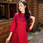 Áo dài AD274 - QD001 cách tân tay lỡ phối tà họa tiết hoa