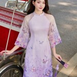Áo dài cách tân tà ngắn phối hồ điệp 3D AD188 (LẺ ÁO)
