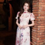 Áo dài cách tân in họa tiết phối tay cộc AD210