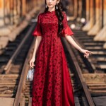 Áo dài tay lỡ xòe bèo in họa tiết hồ điệp AD237