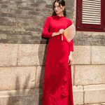 Áo dài truyền thống phối hoa đính tà thủ công AD134