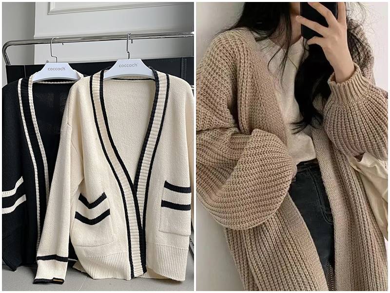 Áo khoác len nữ form rộng viền màu phối túi hai bên - Nhập Sỉ Online