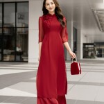 Áo dài tơ lụa AD069 màu đỏ phối hoa