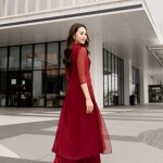 Áo dài tơ lụa AD069 màu đỏ phối hoa