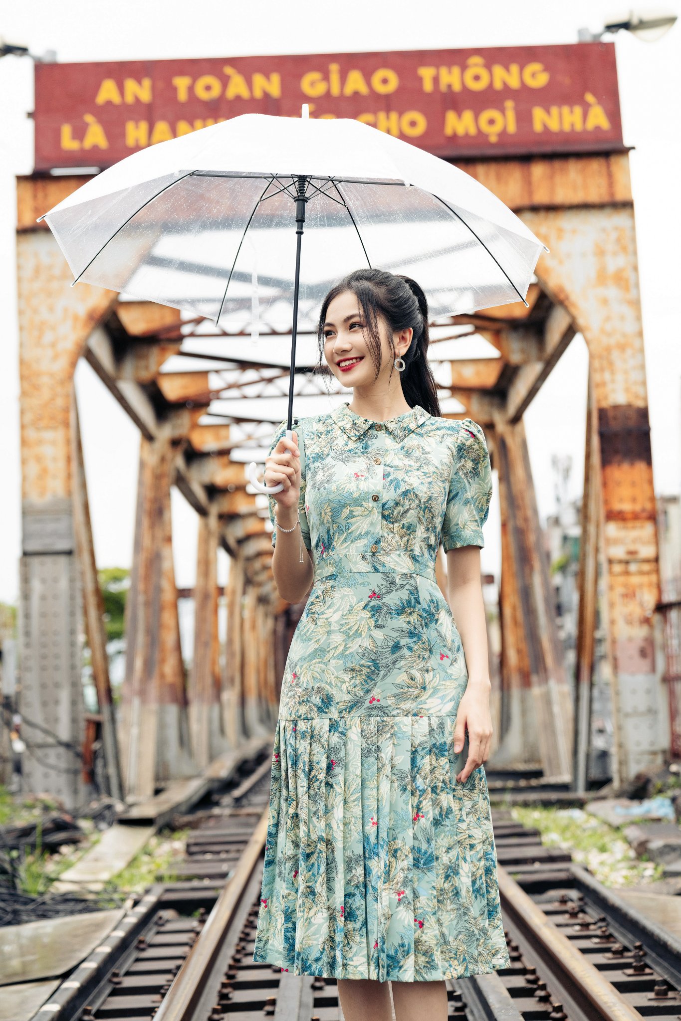 Đầm nữ LD133 màu xanh ngọc họa tiết