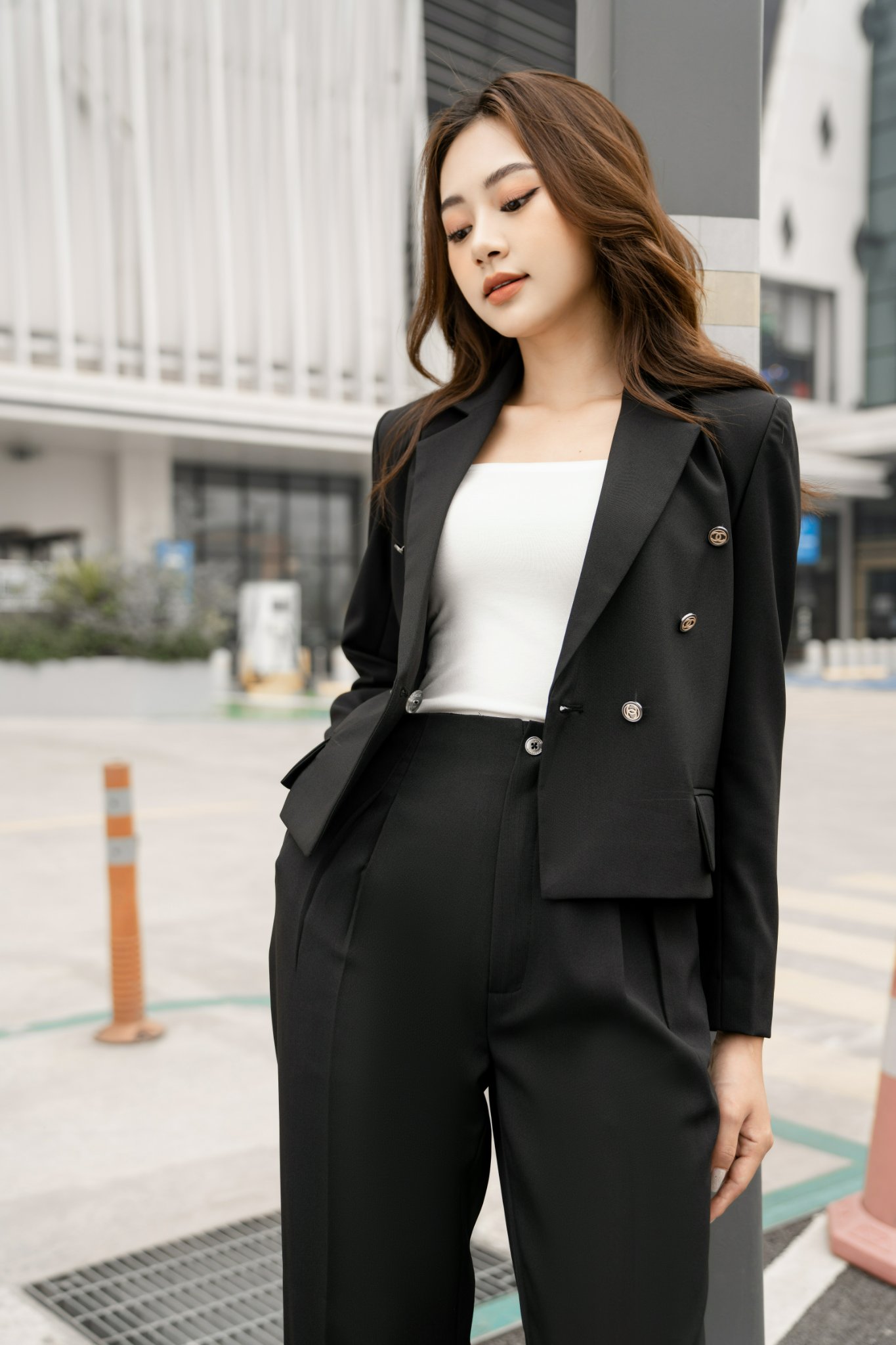 Áo vest đồng phục nữ công sở cao cấp màu xanh đen kết hợp áo trắng