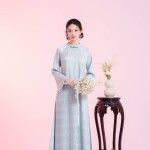 Áo dài Gấm Lam tà ngắn 1m20 NGO043 - QT014 thương hiệu ÁO DÀI NGƠ