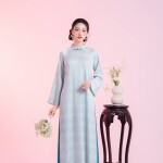Áo dài Gấm Lam tà ngắn 1m20 NGO043 - QT014 thương hiệu ÁO DÀI NGƠ