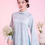 Áo dài Gấm Lam tà ngắn 1m20 NGO043 - QT014 thương hiệu ÁO DÀI NGƠ
