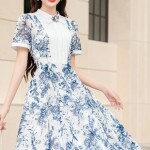Đầm chữ A họa tiết phối nơ cổ LD360