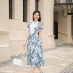 Đầm chữ A họa tiết phối nơ cổ LD360