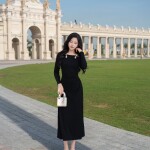 Đầm cổ tròn phối eo xếp ly lệch LD387
