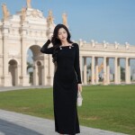 Đầm cổ tròn phối eo xếp ly lệch LD387