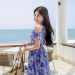 Đầm cổ yếm trễ vai phối hoa LD251