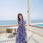 Đầm cổ yếm trễ vai phối hoa LD251