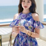 Đầm cổ yếm trễ vai phối hoa LD251