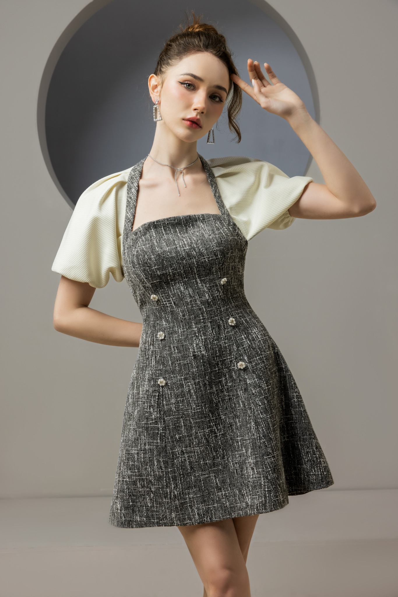Đầm dạ Tweed Anne Dress cúp ngực phối tay phồng KD023