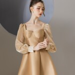 Đầm cúp ngực phối tay tơ óng dáng dài LUXD031