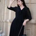 Đầm dáng xòe cổ tim phối nơ LD382
