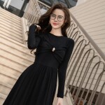 Đầm thun tay dài dáng xòe phối cài ngực LD385
