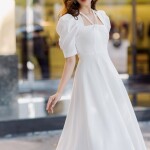 Đầm trắng dáng xòe phối tay phồng LD146