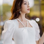 Đầm trắng dáng xòe phối tay phồng LD146