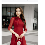 Áo dài tơ lụa AD069 màu đỏ phối hoa