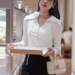 Áo thun tay dài cổ tim phối nơ buộc cổ LA432