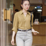 Áo sơ mi LA498 dáng rộng tay dài ngực xếp ly