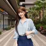 Áo sơ mi croptop cổ tim phối tay dài LA453