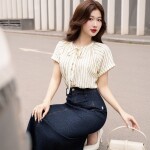 Áo sơ mi tay cộc kẻ sọc phối nơ LA446