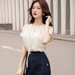 Áo sơ mi tay cộc kẻ sọc phối nơ LA446