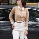 Áo sơ mi LA480 tay dài dáng rộng phối họa tiết kẻ sọc, cổ trắng