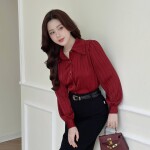Áo sơ mi cổ đức tay phồng LA527 phối họa tiết kẻ sọc