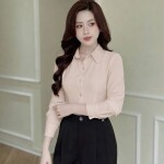 Áo sơ mi lụa LA532 dáng suông cổ đức tay dài (Màu be)