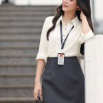 Áo sơ mi lụa LA537 dáng suông cổ đức tay dài (Màu be)
